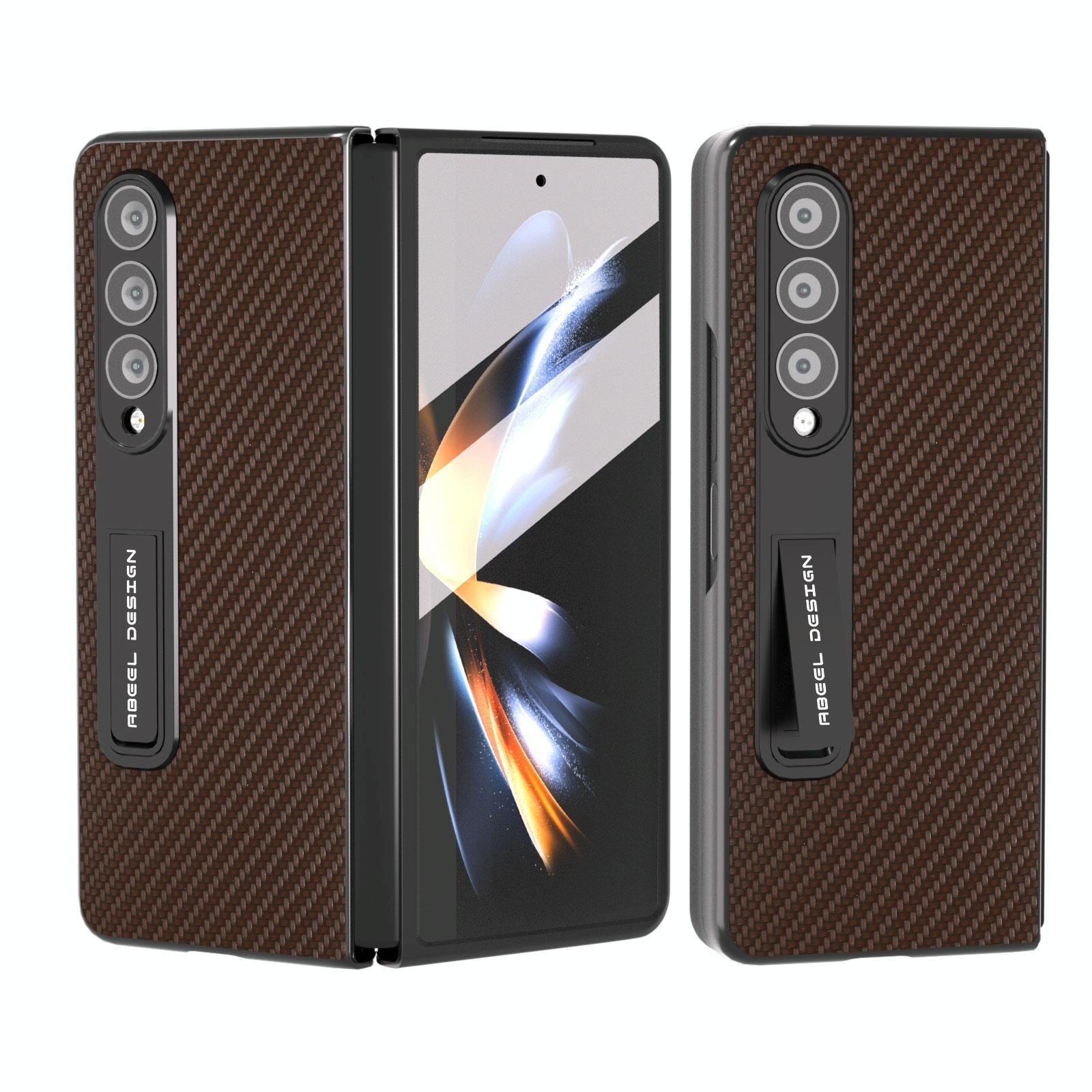 For Samsung Galaxy Z Fold4 5G Carbon Fiber Phone Case With Holder - Dark Brown