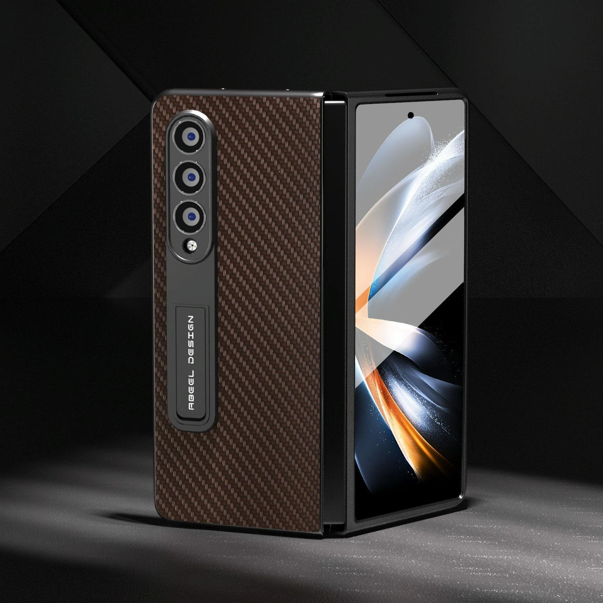 For Samsung Galaxy Z Fold4 5G Carbon Fiber Phone Case With Holder - Dark Brown