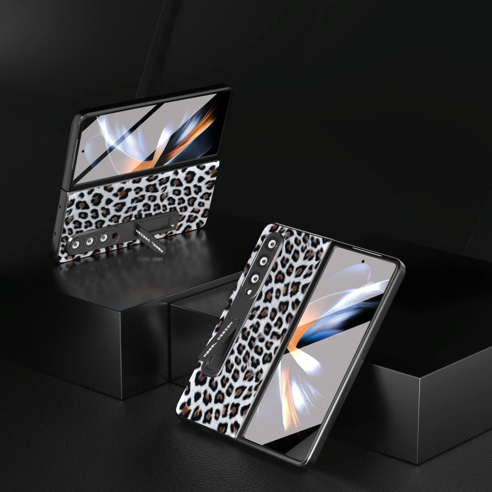 For Samsung Galaxy Z Fold4 5G Leopard Print Phone Case With Holder - Red