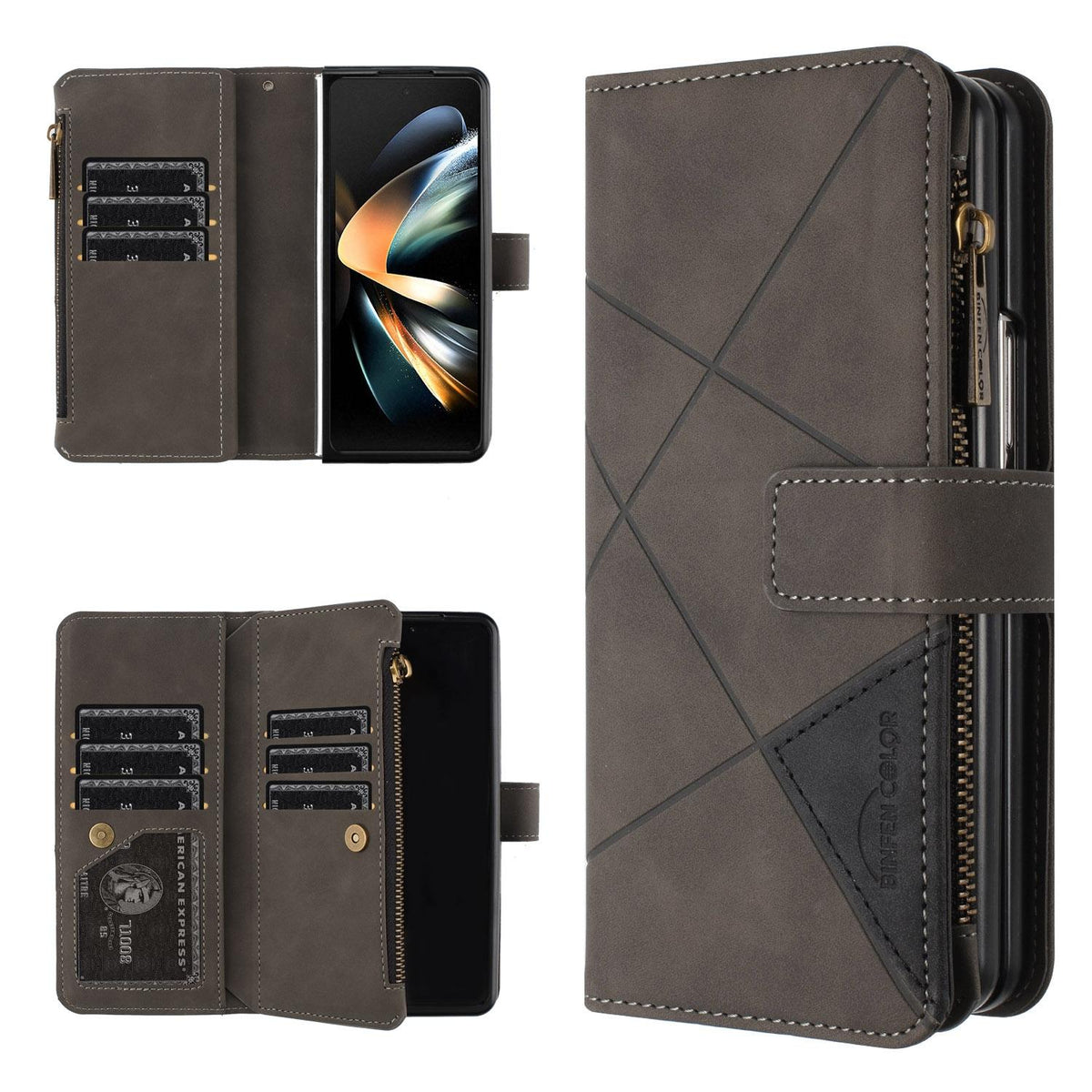 For Samsung Galaxy Z Fold4 5G Leather Zip Wallet With Rhombus Texture - Grey