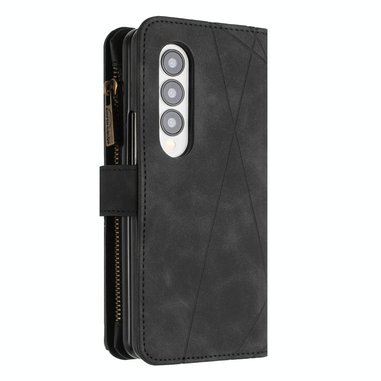 For Samsung Galaxy Z Fold4 5G Leather Zip Wallet With Rhombus Texture - Grey