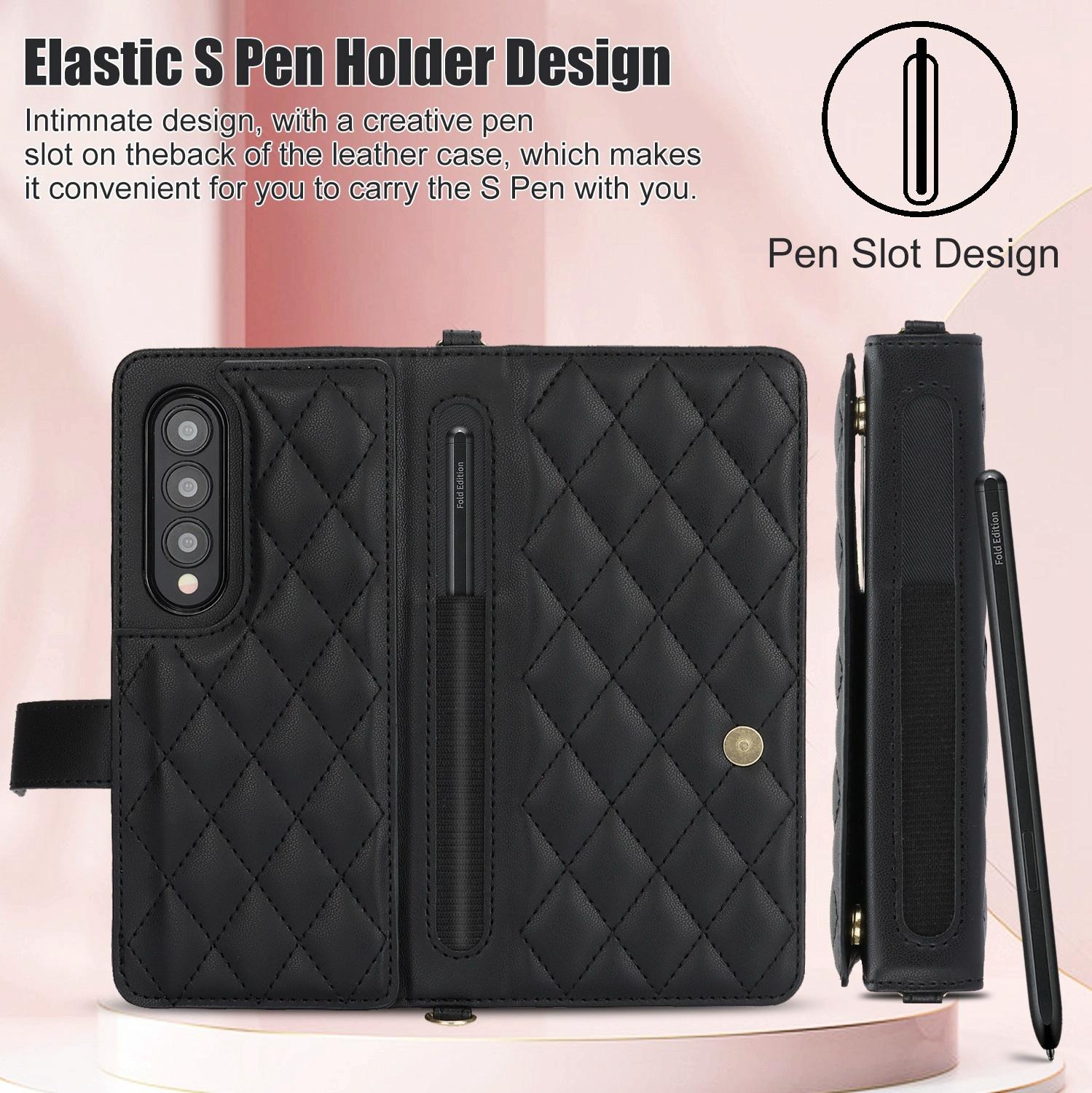 For Samsung Galaxy z Fold4 5G Multifunctional Rhombic Leather Crossbody Phone Case - Black