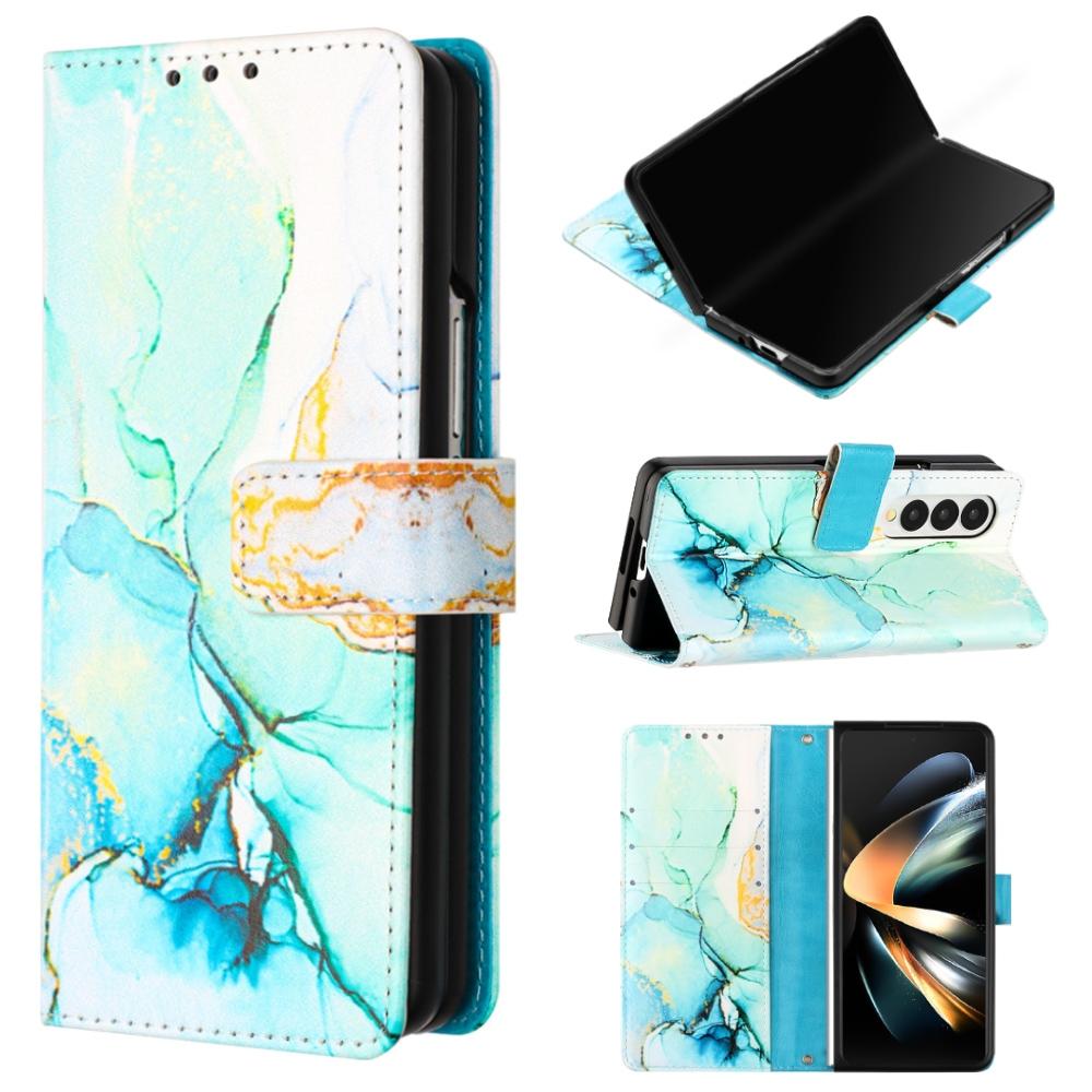 For Samsung Galaxy Z Fold4 5G Marble Leather Flip Case - Green Ls003