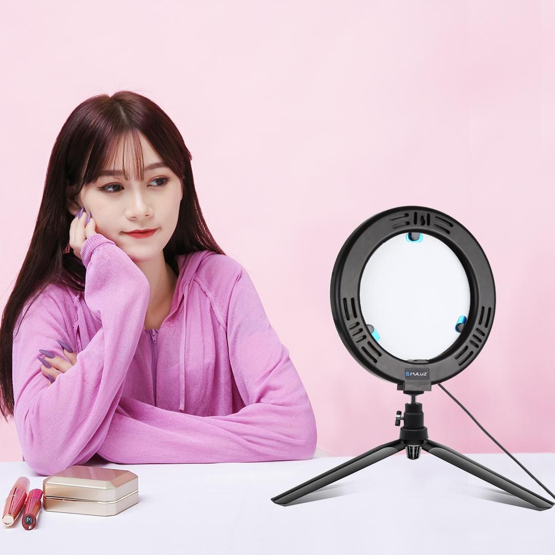 7.9 Usb 3 Modes Dimmable Dual Colour Led Ring Light with Mirror for Vlogging and Photography - Black
