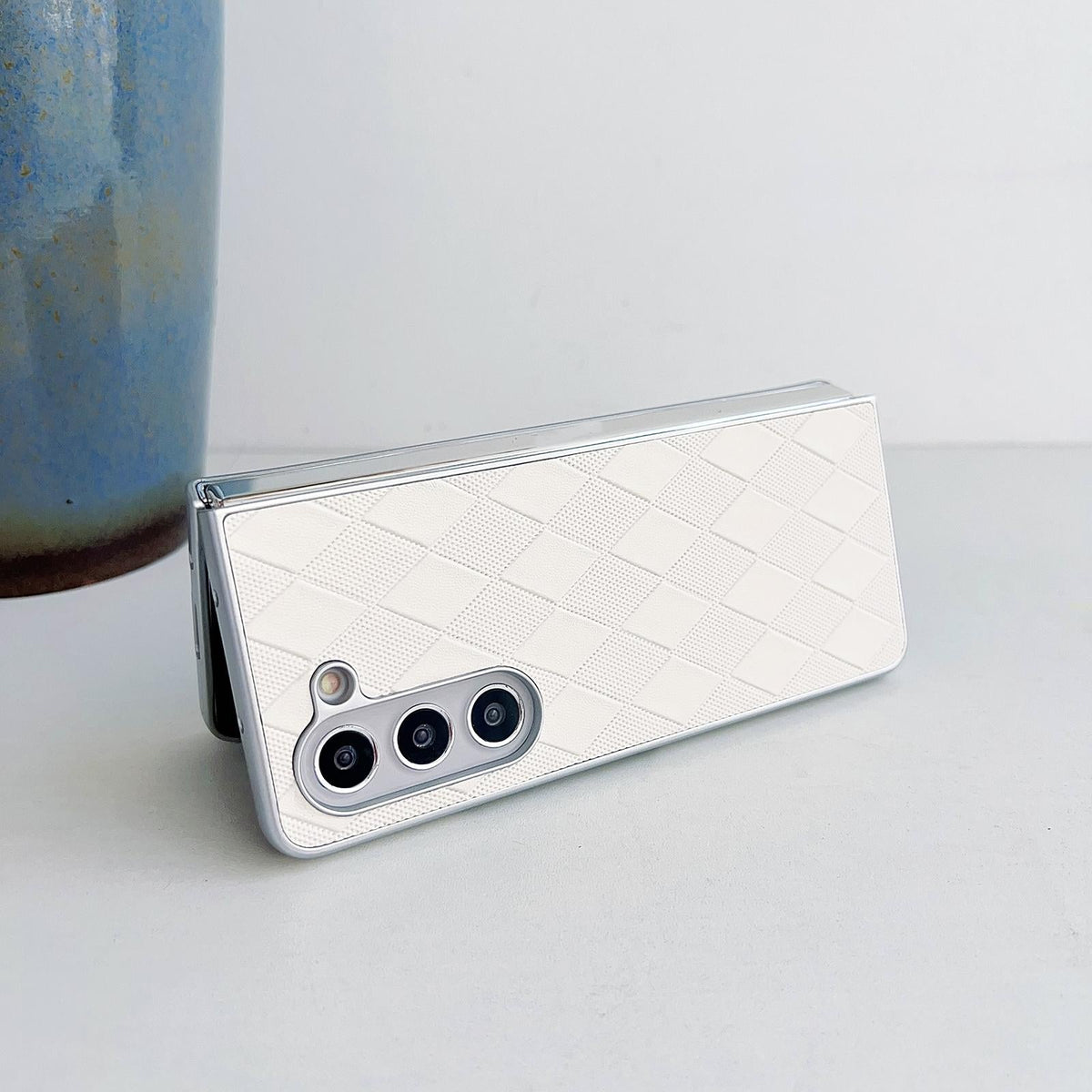 For Samsung Galaxy Z Fold4 5G Checkered Leather Phone Case With Pearlescent Finish - Silver