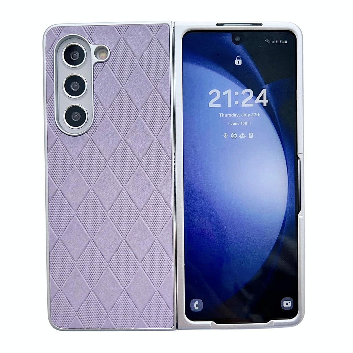 For Samsung Galaxy Z Fold4 5G Checkered Leather Phone Case With Pearlescent Finish - Silver