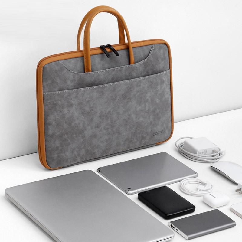 14-inch Waterproof Leather Computer Bag - Fully Open & Portable - Gray Black