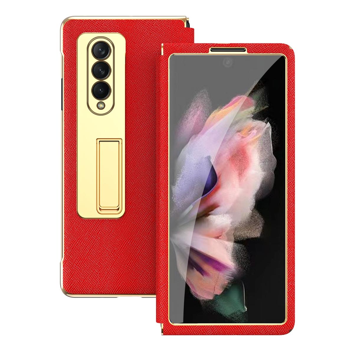 For Samsung Galaxy Z Fold4 5G Flip Case With Tempered Film - Textured Hinge - Red