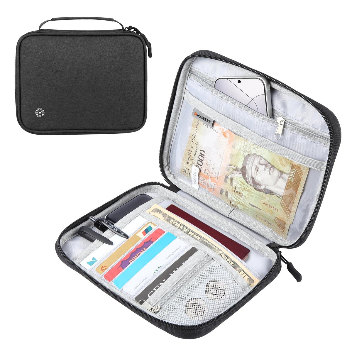 Passport Wallet With Handle Document Organizer &amp; Card Holder - Black