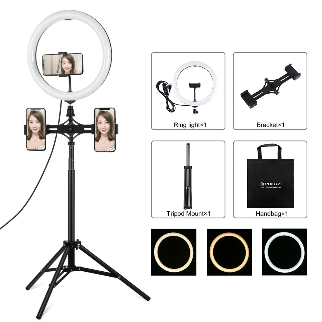 11.8 Led Ring Light Kit with Tripod &amp; Dual Phone Bracket - 3 Modes Dual Colour Temperature Usb Live Broadcast - Black