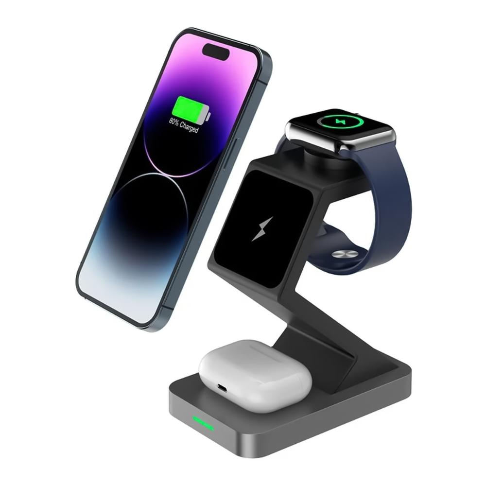 15W 3 In 1 Magnetic Wireless Charger For Iphone Watch Airpods - Black