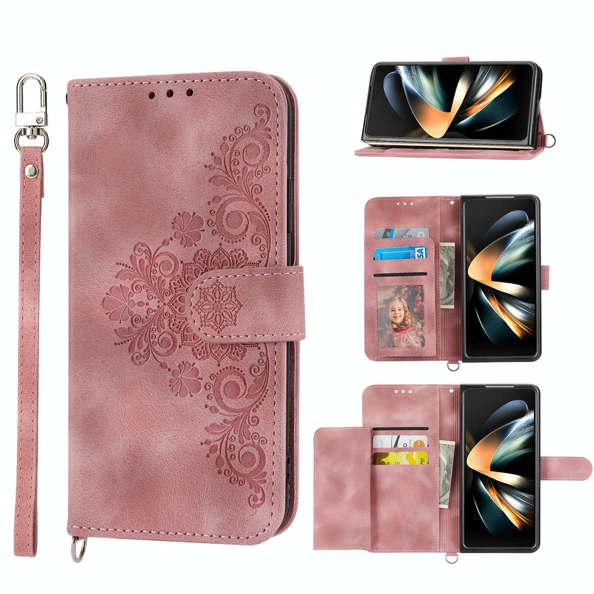 For Samsung Galaxy Z Fold4 5G Floral Leather Phone Wallet - Embossed - Pink
