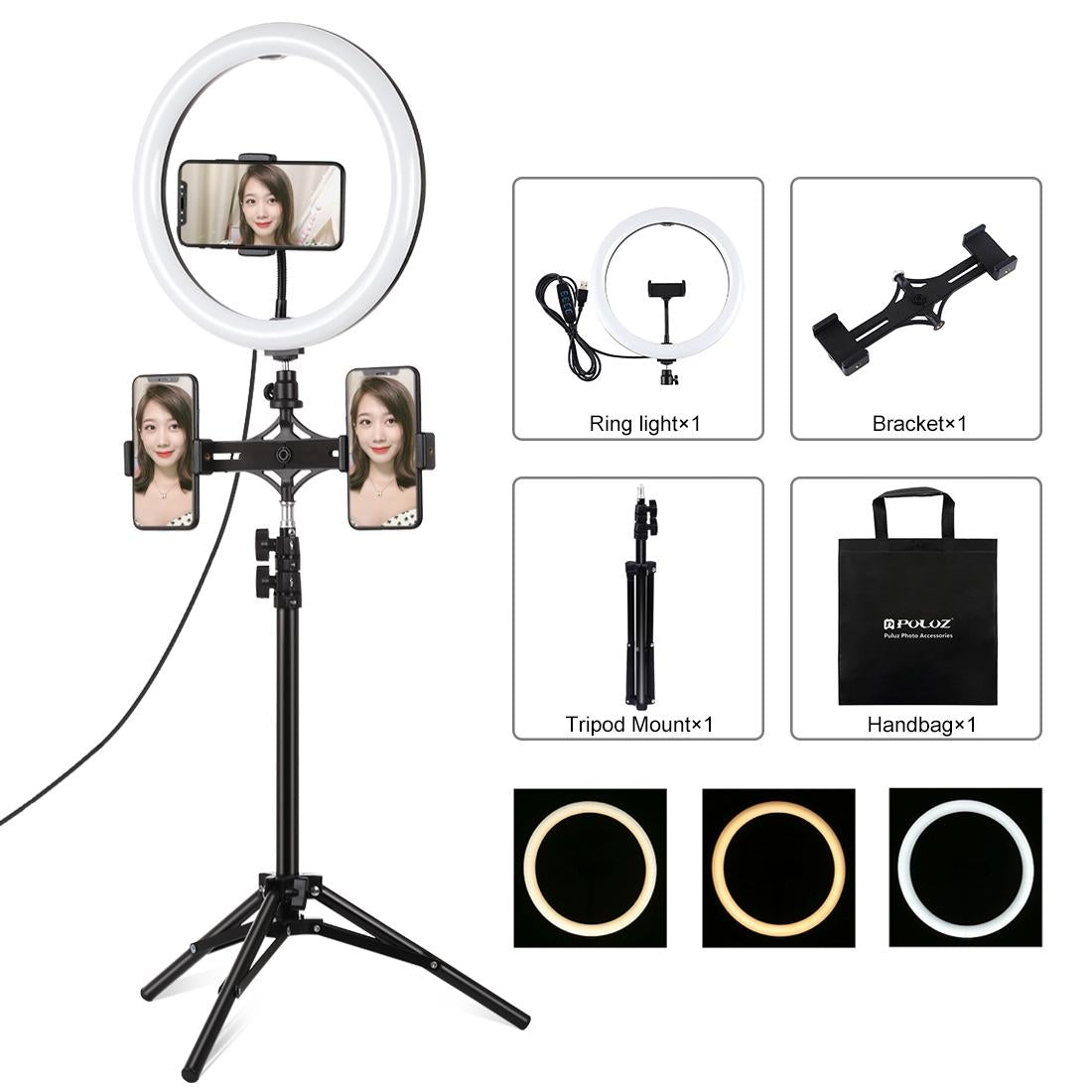 11.8 Led Ring Light with Tripod &amp; Dual Phone Brackets - Usb 3 Modes Dual Colour Temperature - Vlogging &amp; Live Broadcast Kit