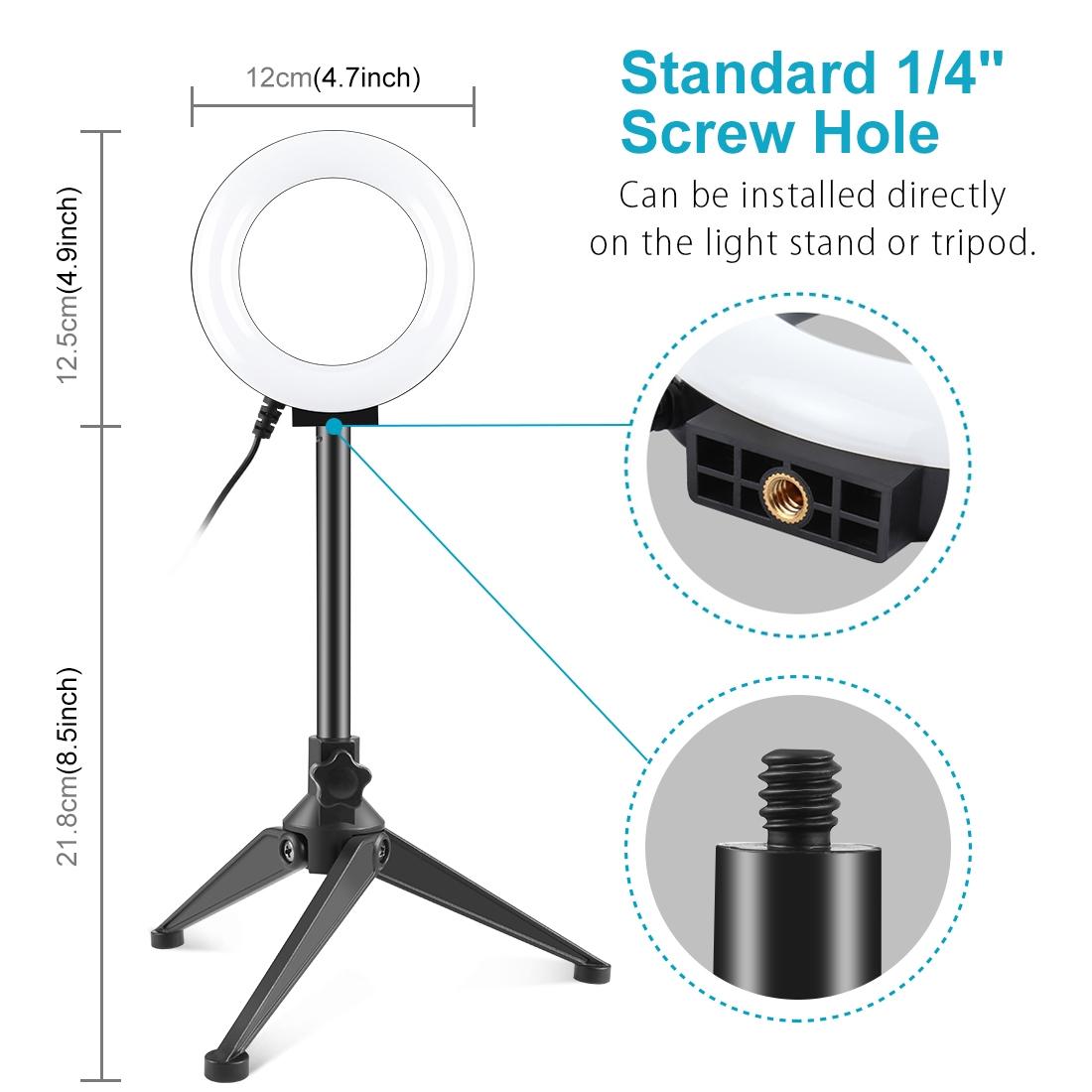 12cm Ring Light & Desktop Tripod Selfie Stick Mount with Usb Led Ring Selfie Beauty Vlogging Photography Video Lights Kit in Black