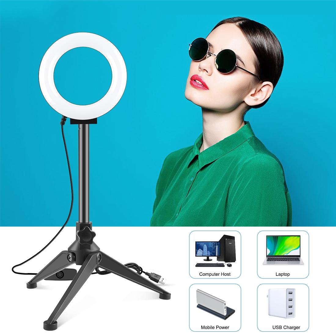 12cm Ring Light & Desktop Tripod Selfie Stick Mount with Usb Led Ring Selfie Beauty Vlogging Photography Video Lights Kit in Black