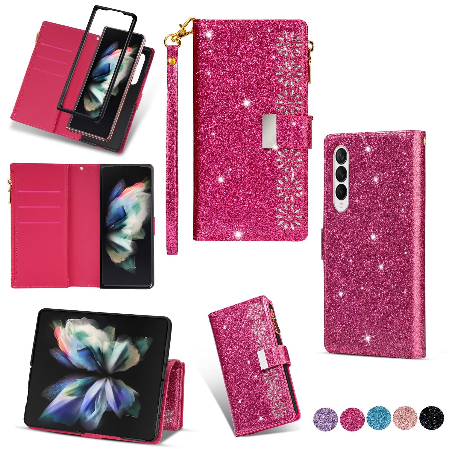 For Samsung Galaxy Z Fold4 5G Sparkling Leather Zip Case - Zipper Closure - Rose Red