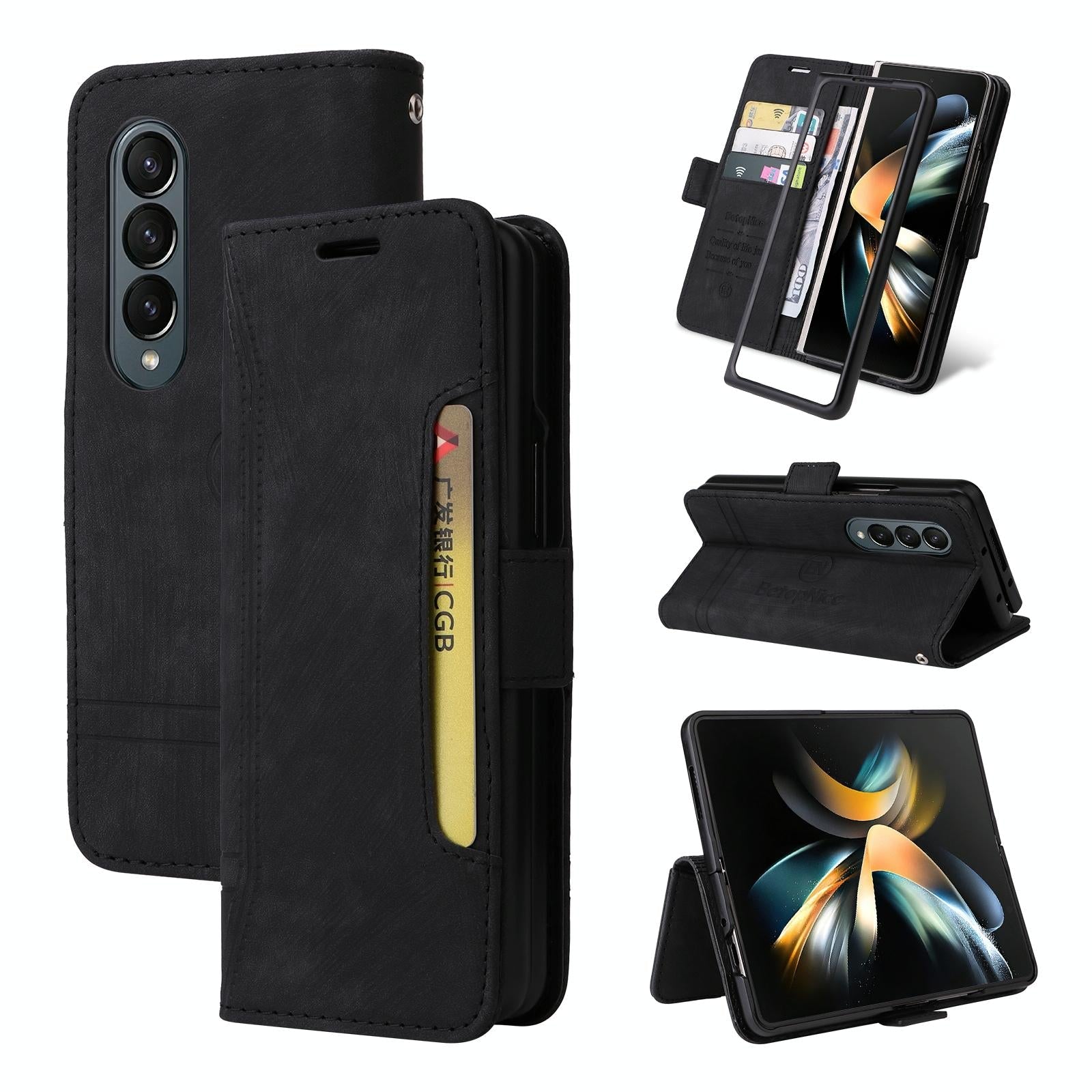 For Samsung Galaxy Z Fold4 5G Leather Dual Buckle Phone Case - Black