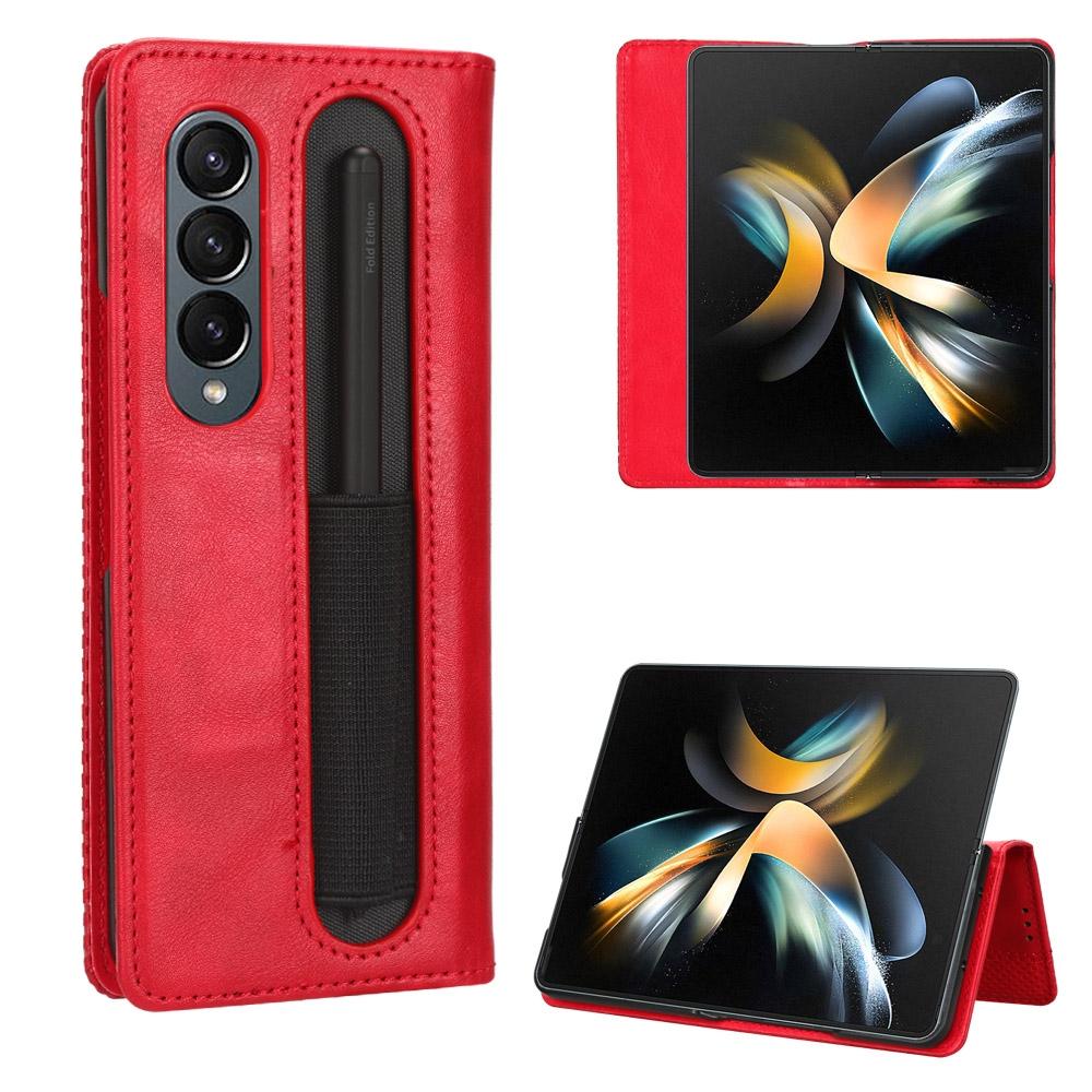 For Samsung Galaxy Z Fold4 5G Vintage Leather Phone Case With Magnetic Buckle - Red