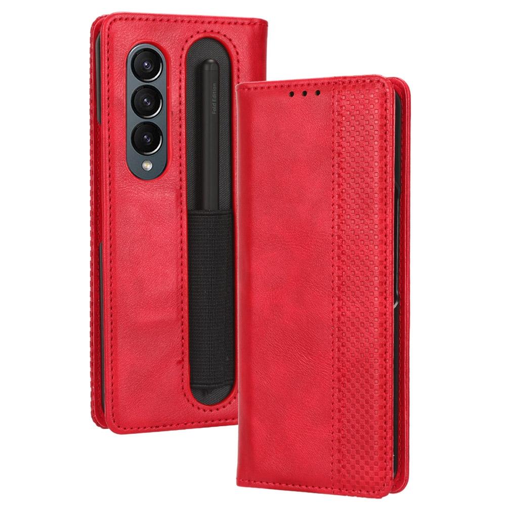 For Samsung Galaxy Z Fold4 5G Vintage Leather Phone Case With Magnetic Buckle - Red