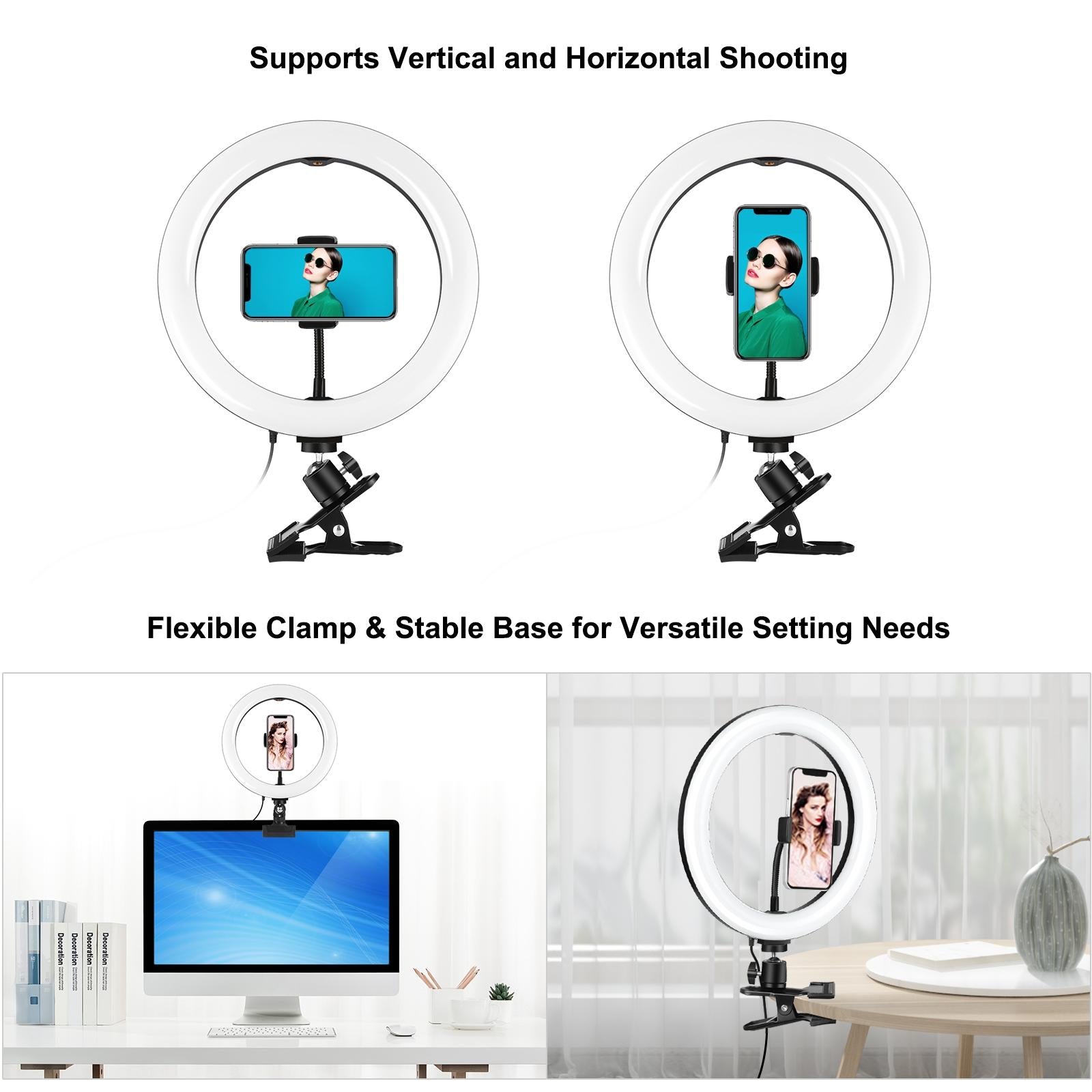 10.2 Ring Light with Monitor Clip & Usb 3 Modes Dual Colour Temperature Dimmable Curved Diffuse Vlogging Selfie Beauty Photography Video Lights Phone Clamp - Black