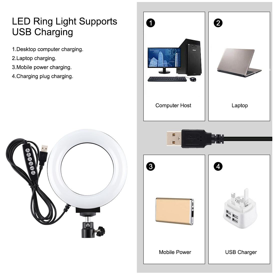 Curved Surface Ring Light with Usb 10 Modes 8 Colour Rgbw Cold Shoe Tripod Black