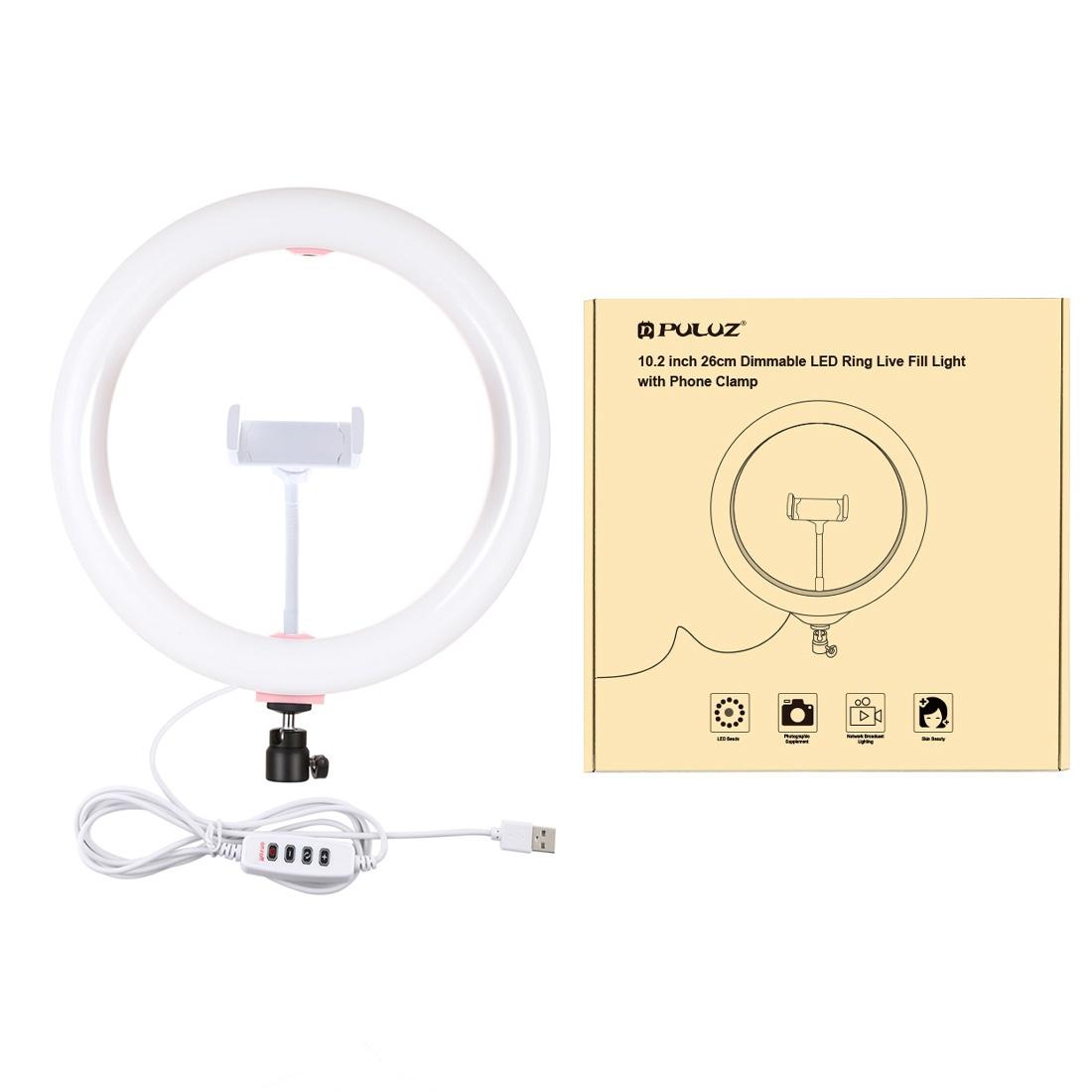 26cm Usb 3 Modes Dimmable Led Ring Light with Phone Clamp - Black