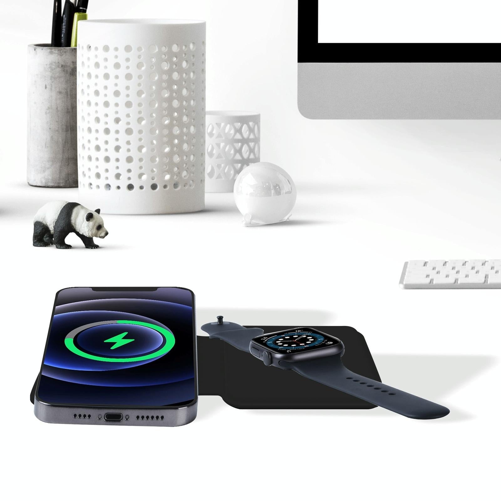 Foldable Dual Wireless Charger For Phones Iwatch Airpods - Black