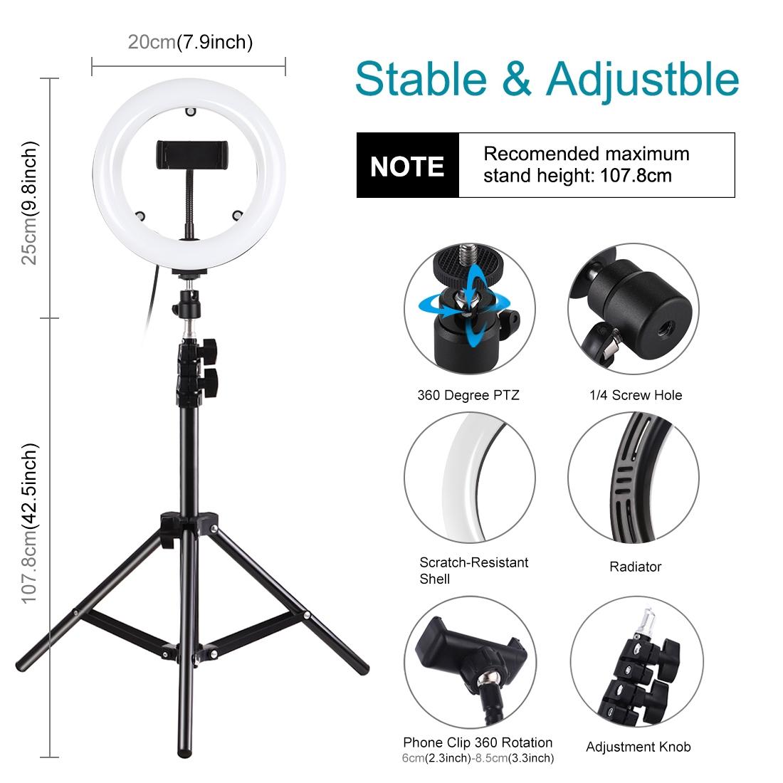7.9 Mirror Light with Tripod & Usb 3 Modes Dual Colour Curved Ring Light for Vlogging Selfie Photography Video Phone Clamp - Black