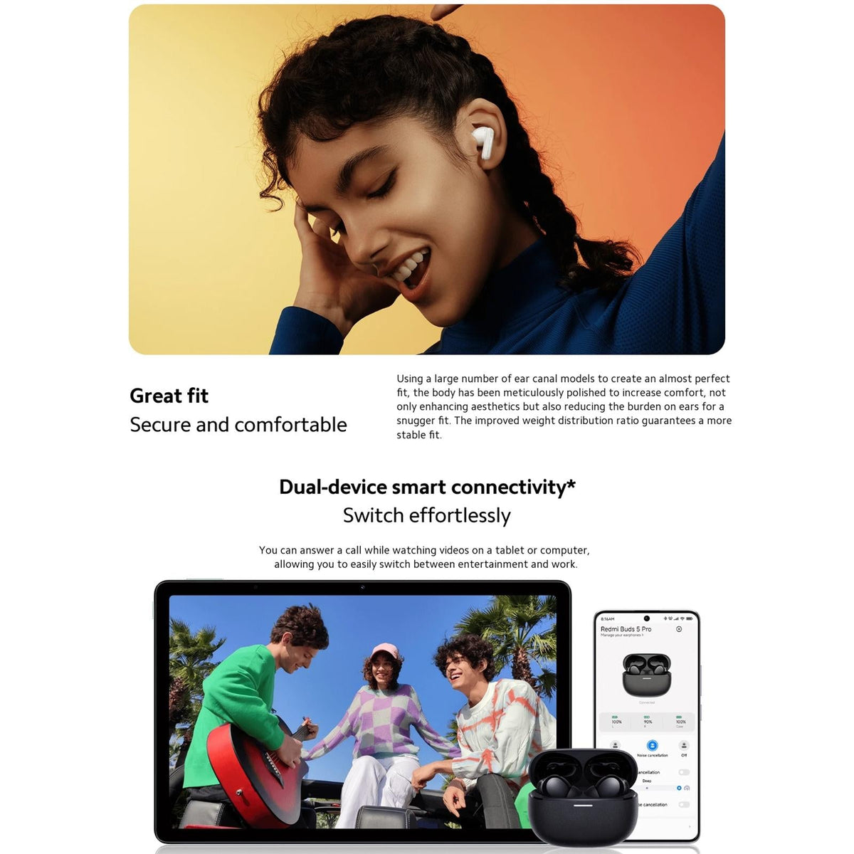 Wireless Redmi Buds 5 Pro Bluetooth Earphones - Black