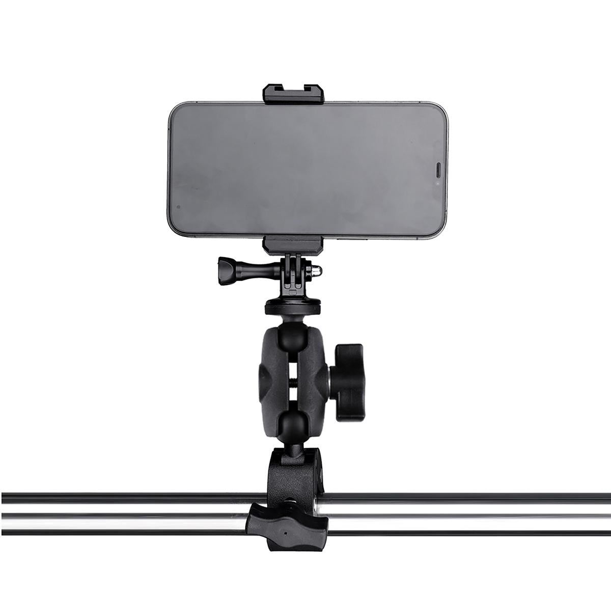 Adjustable Action Camera Clamp with 360 Rotation and Phone Holder