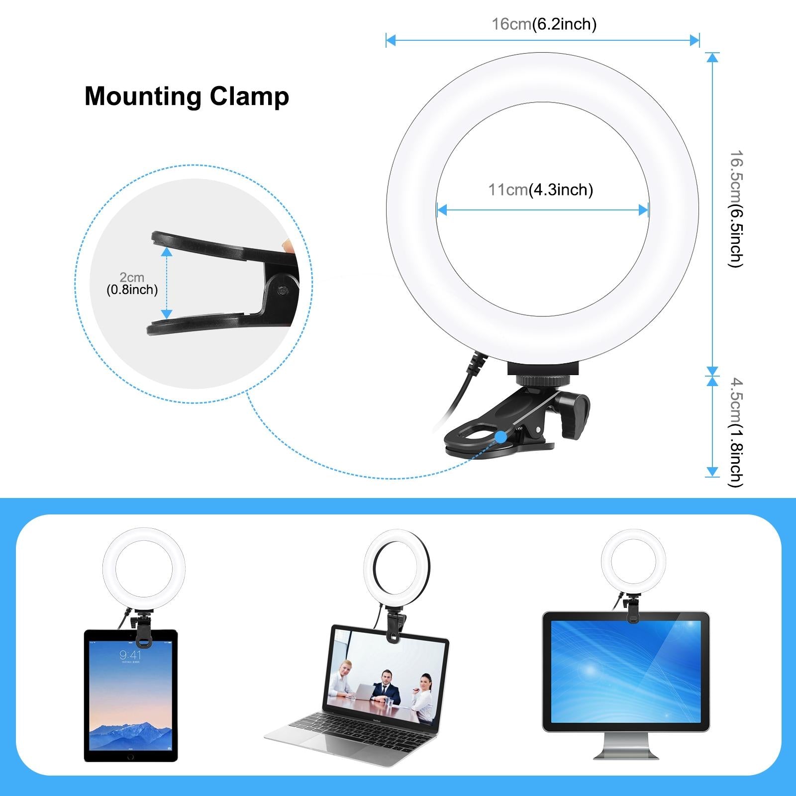 6.2 Dual-colour Ring Light with Usb 3 Modes Monitor Clip - Black