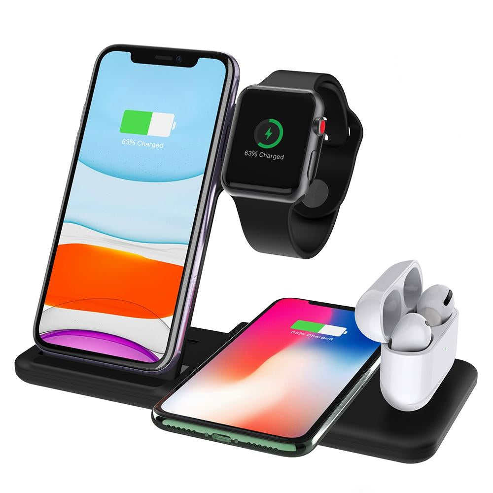 4 In 1 Wireless Charger Stand For Iphone Apple Watch Airpods Dual Phone Charging Black