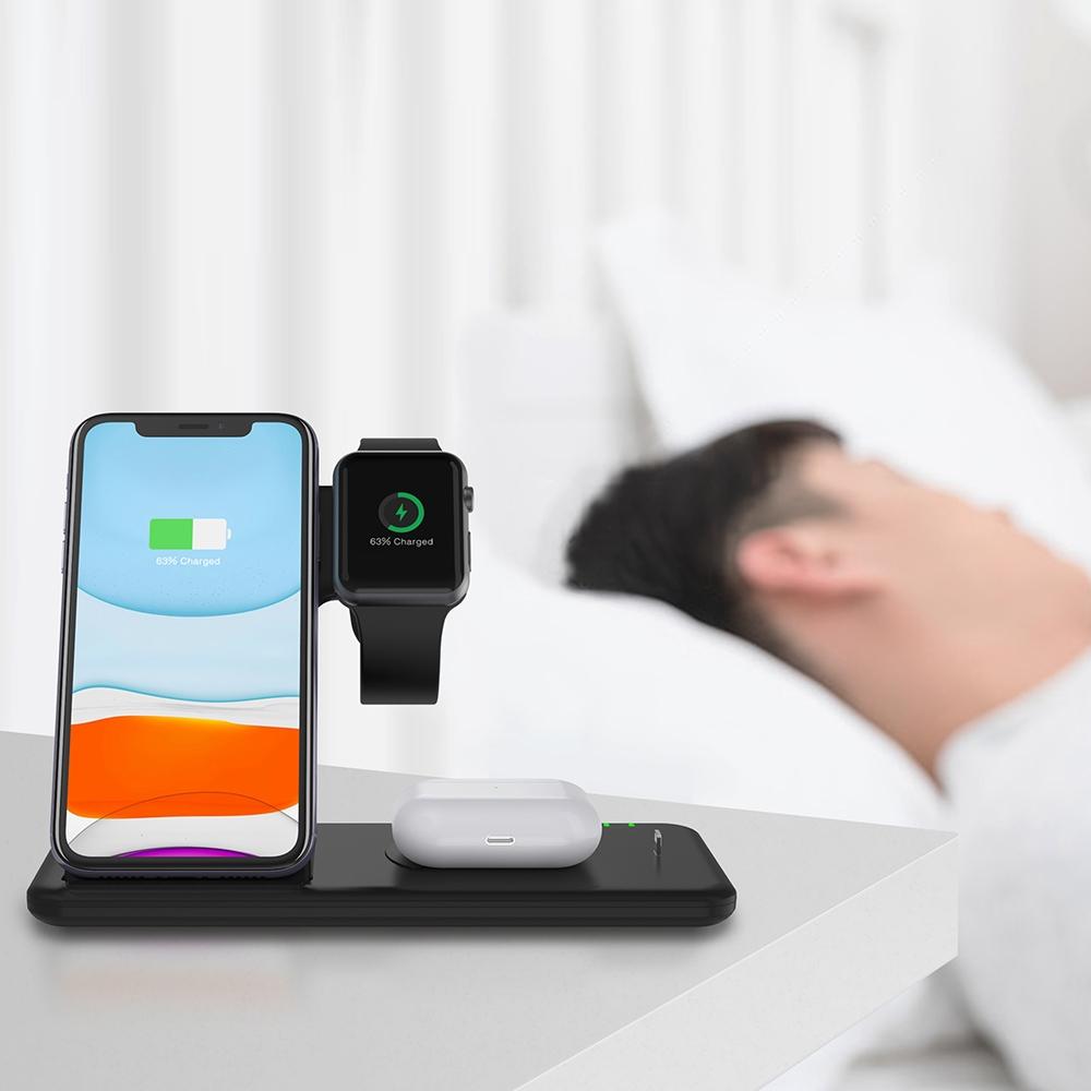 4 In 1 Wireless Charger Stand For Iphone Apple Watch Airpods Dual Phone Charging Black