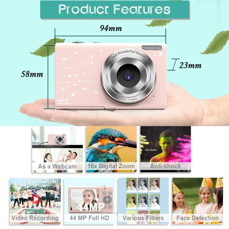Full Hd 1080p Digital Camera with 44mp 16x Zoom - 2.4 Inch Screen for Children - Black