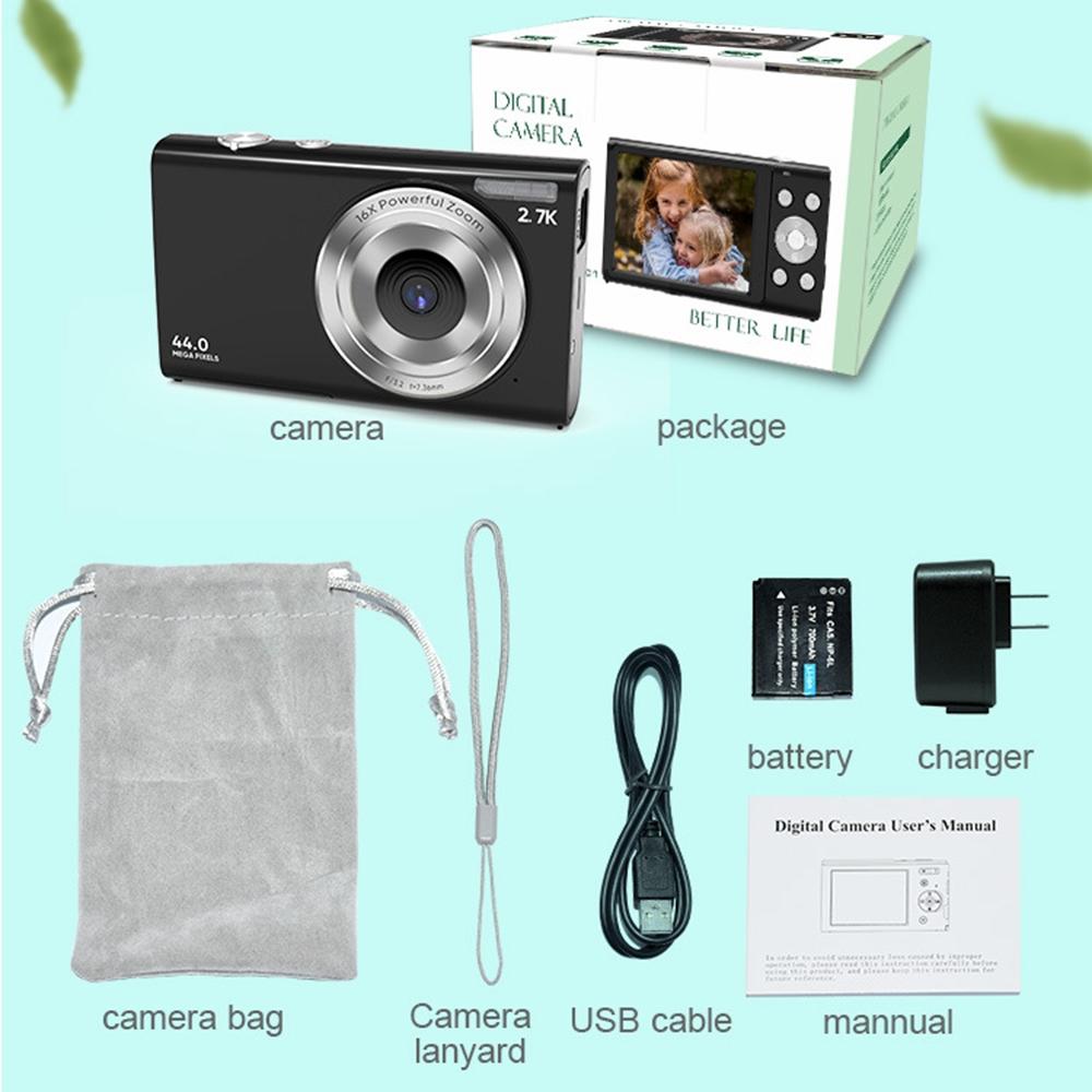 Full Hd 1080p Digital Camera with 44mp 16x Zoom - 2.4 Inch Screen for Children - Black