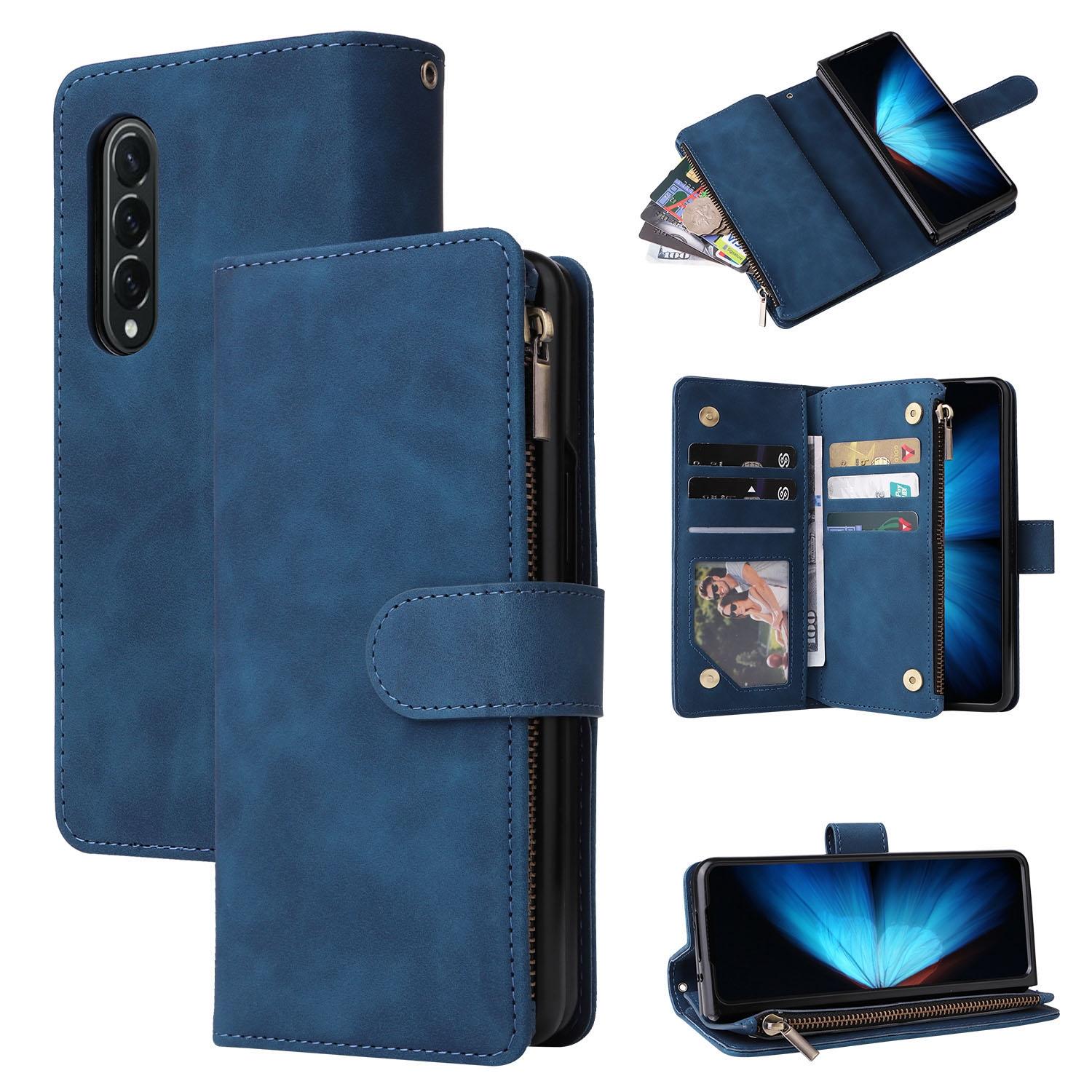For Samsung Galaxy Z Fold4 5G Frosted Leather Zip Wallet - Compact And Stylish - Blue