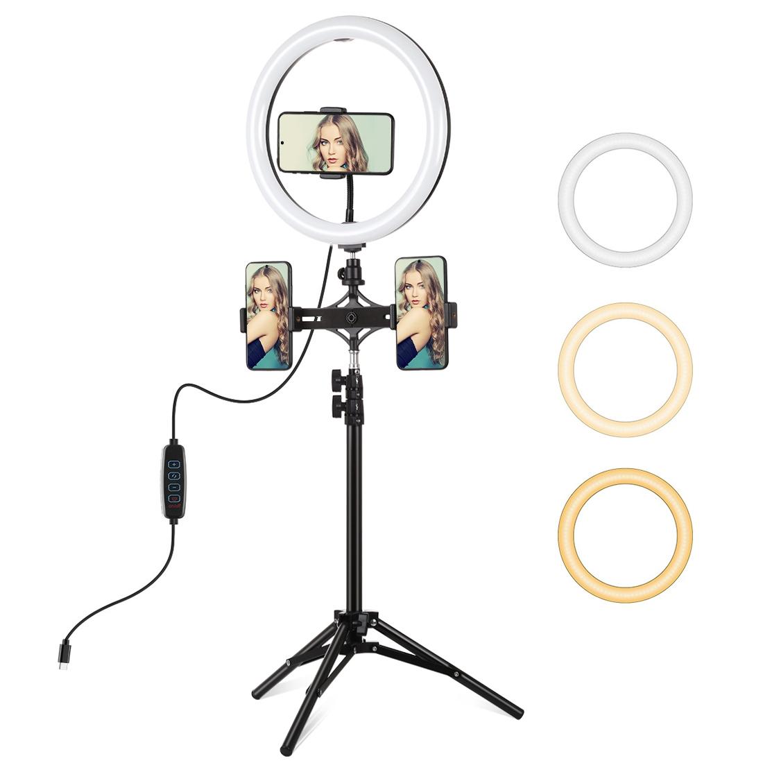 11.8 Led Ring Light Kit with Tripod &amp; Dual Phone Brackets - 3 Modes Dual Colour Temperature Curved Surface Type-c - Black