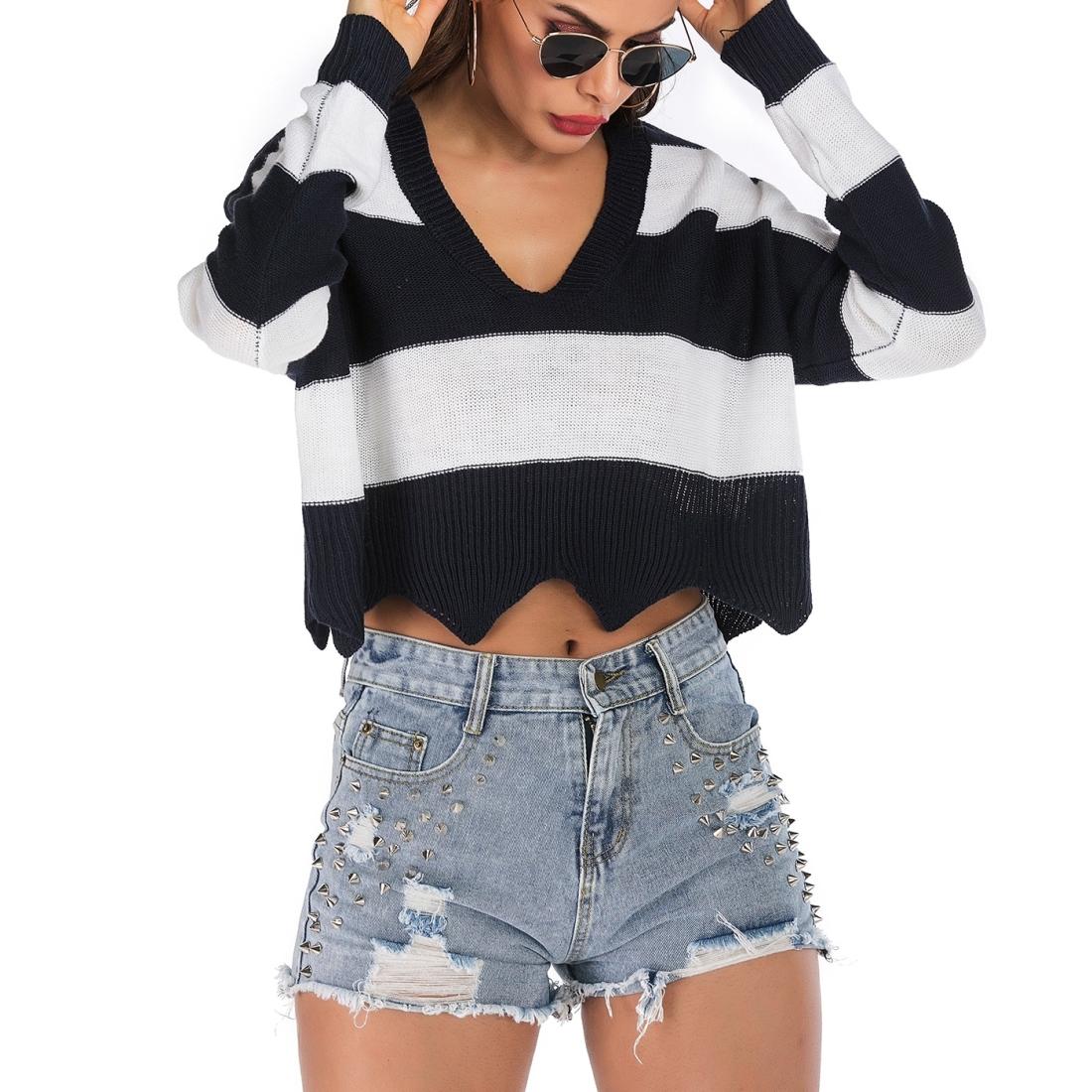 Striped Fashion Casual Pullover - Dark Blue M