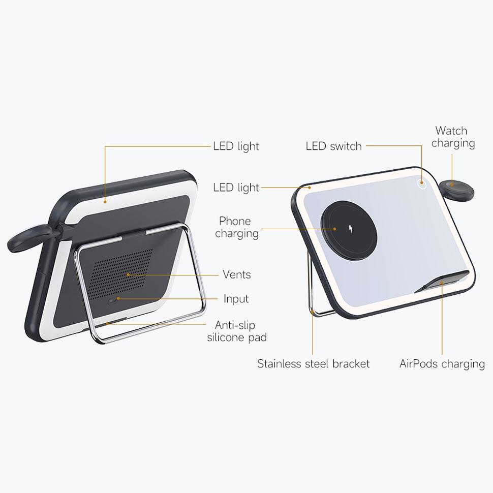 15W 3 In 1 Magnetic Led Makeup Mirror Charger - Black