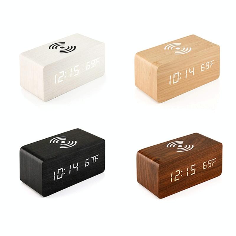 5W Wooden Wireless Charger With Led Mirror Display And Sub Alarm Clock - White Wood