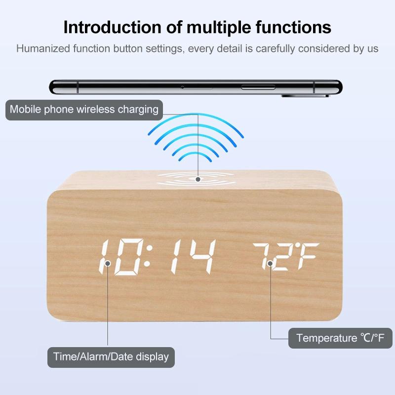 5W Wooden Wireless Charger With Led Mirror Display And Sub Alarm Clock - White Wood
