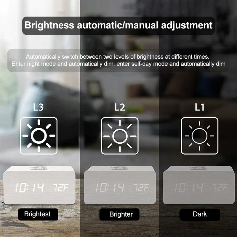 5W Wooden Wireless Charger With Led Mirror Display And Sub Alarm Clock - White Wood