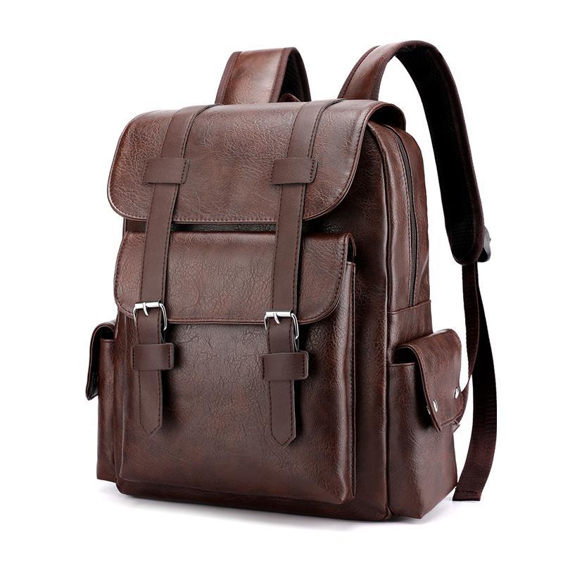 Large Capacity Pu Leather Laptop Backpack For Travel &amp; School - Dark Brown