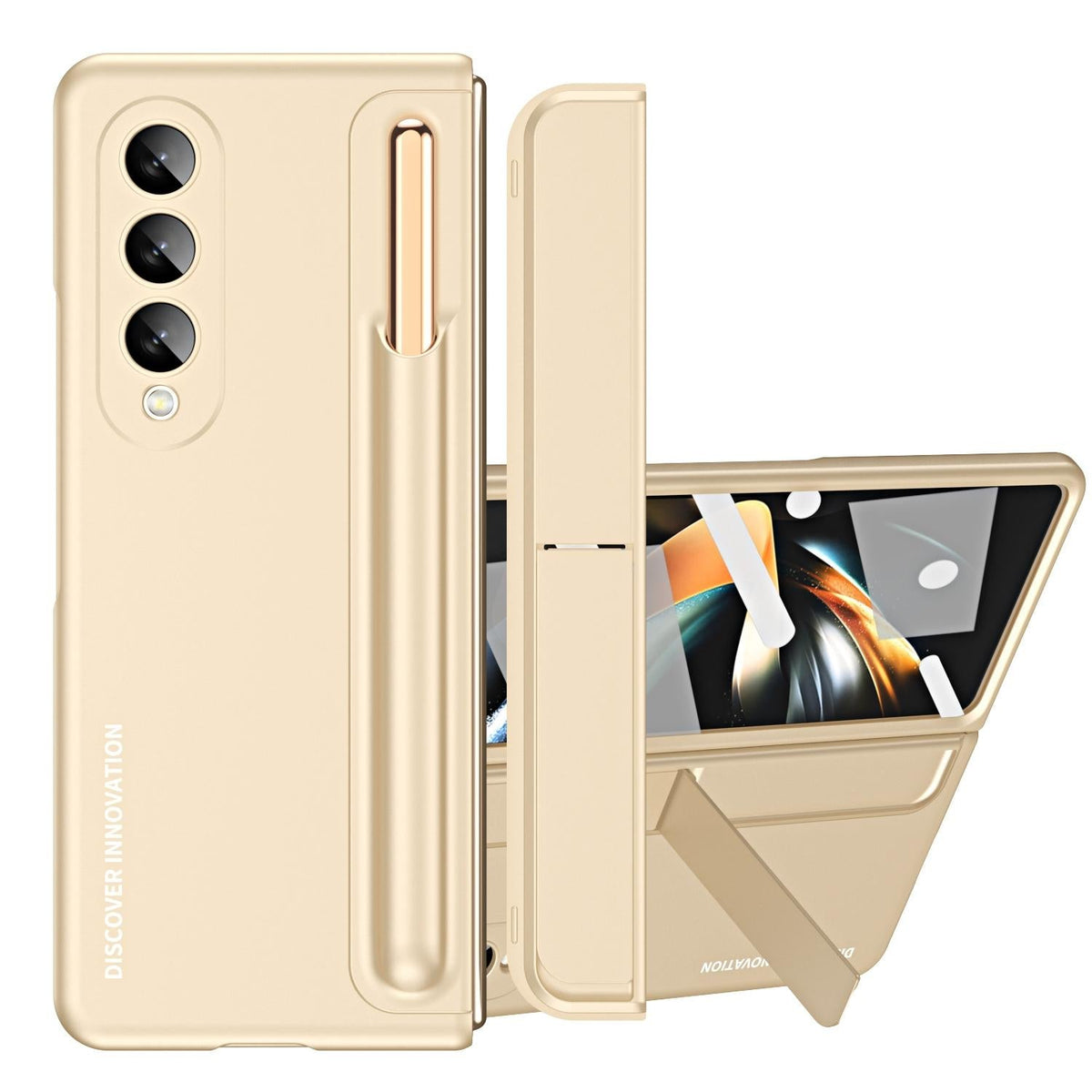 For Samsung Galaxy z Fold4 5G Samsung Galaxy z Fold4 2-in-1 Detachable Folding Case with Holder &amp; Pen Slot - Beige