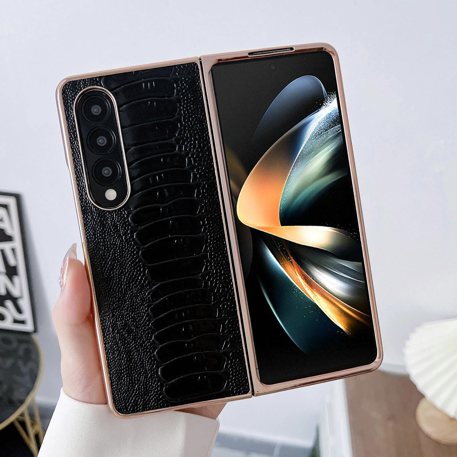 For Samsung Galaxy Z Fold4 5G Genuine Leather Nano Plating Phone Case - Coffee