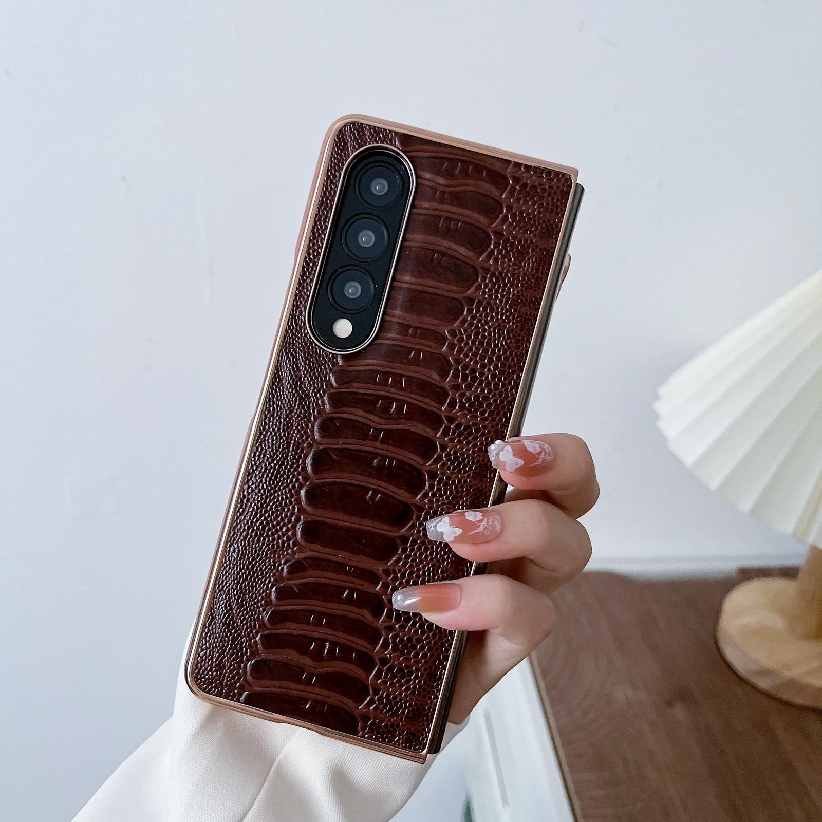 For Samsung Galaxy Z Fold4 5G Genuine Leather Nano Plating Phone Case - Coffee