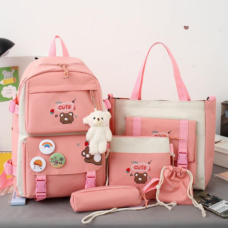 Adorable 5-piece Girls Backpack Set with Bear Design - Dark Purple