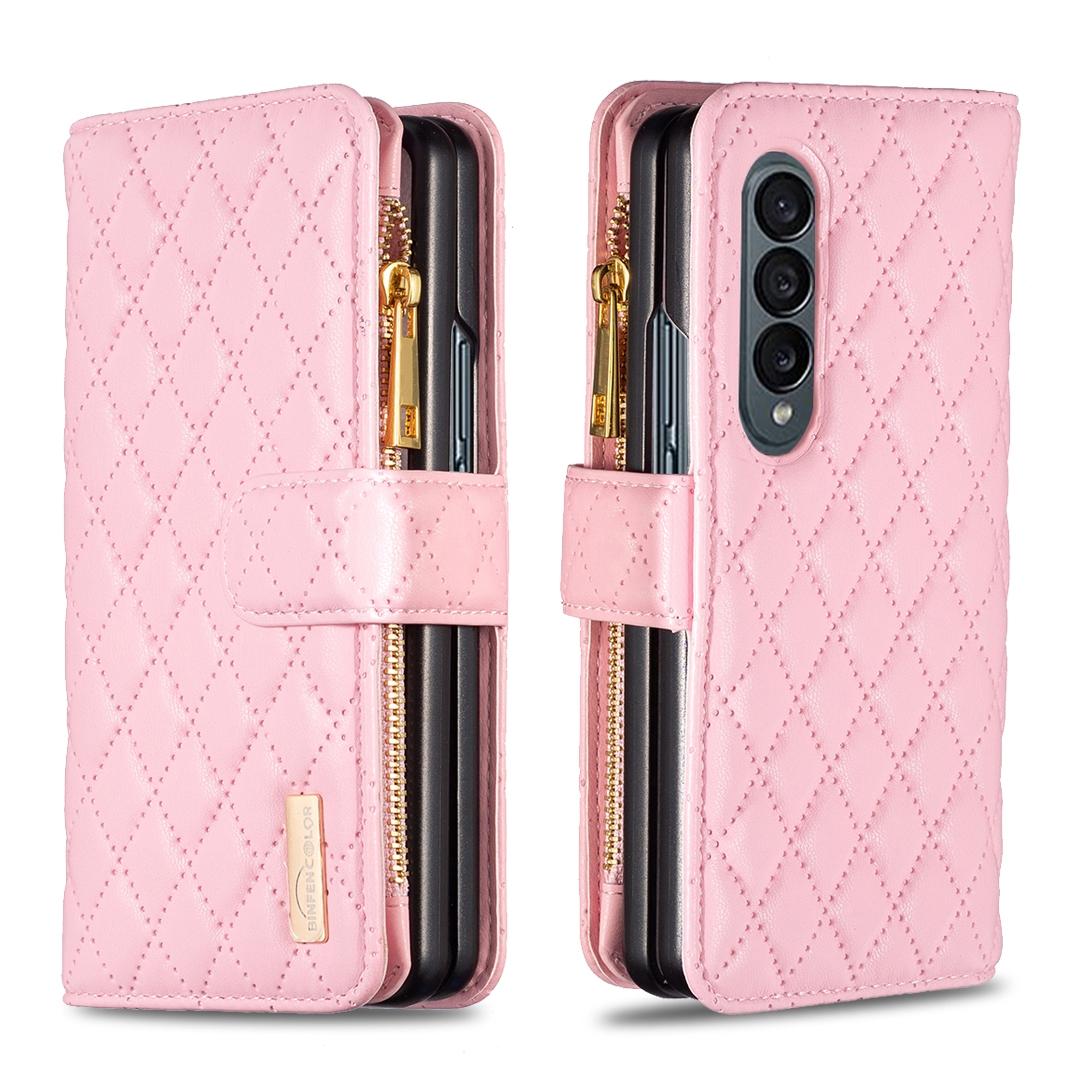 For Samsung Galaxy Z Fold4 5G Leather Zip Wallet - Diamond Lattice Design - Pink