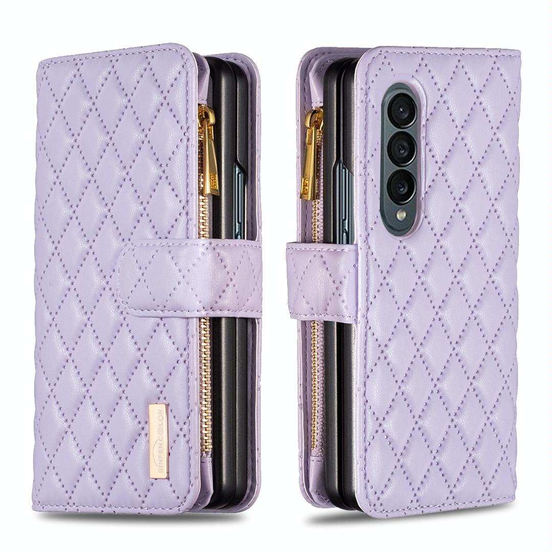 For Samsung Galaxy Z Fold4 5G Leather Zip Wallet - Diamond Lattice Design - Pink