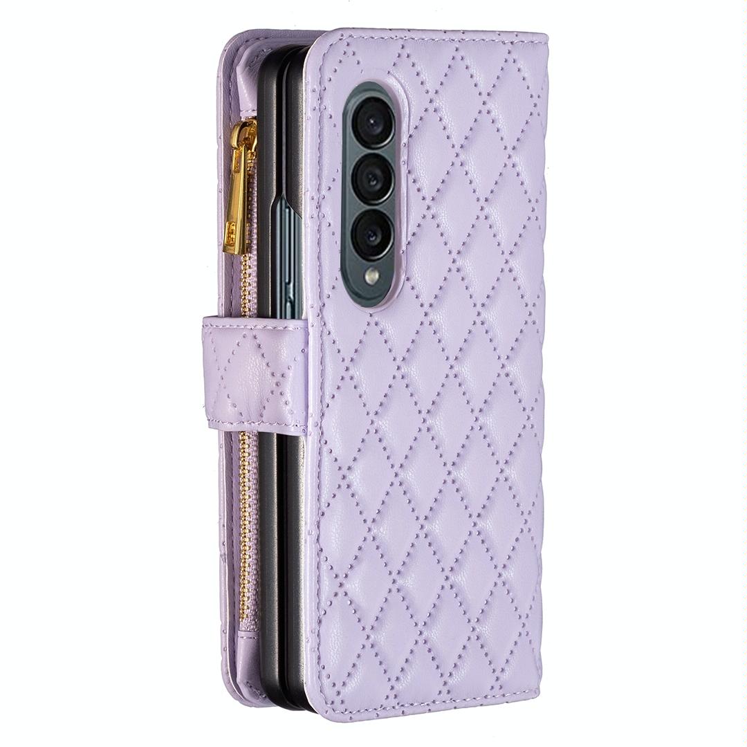 For Samsung Galaxy Z Fold4 5G Leather Zip Wallet - Diamond Lattice Design - Pink